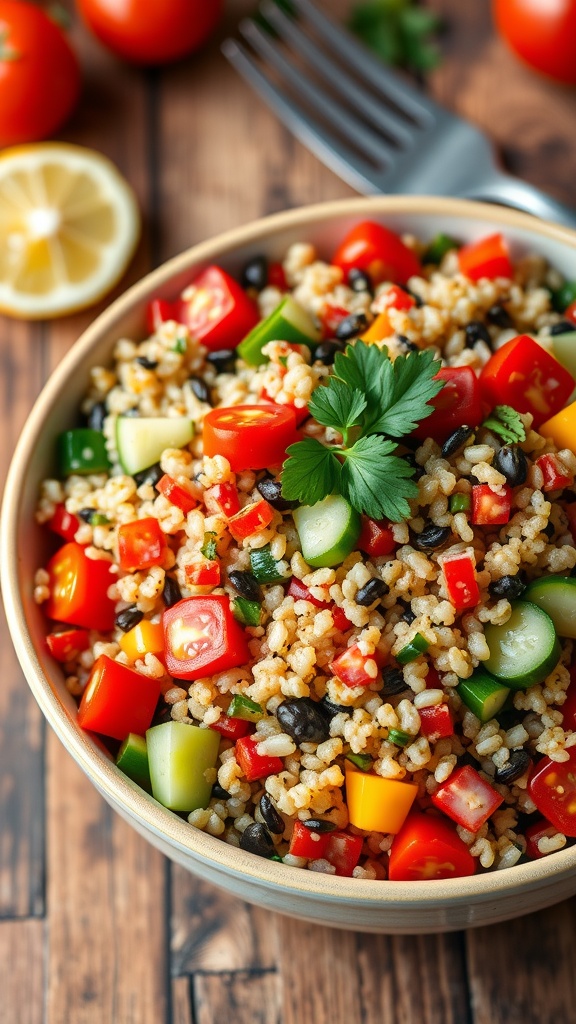 Three-color quinoa salad with vegetables on a rustic wooden table.